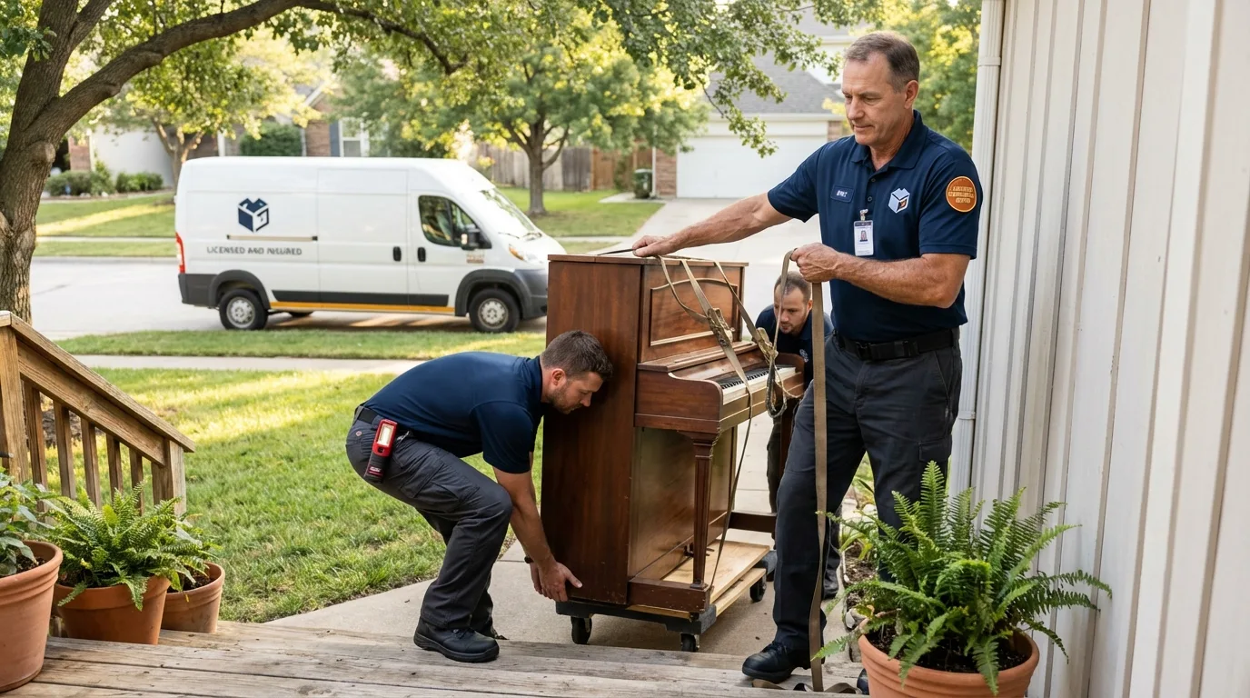 Licensed piano movers securing grand piano in Goshen, IN