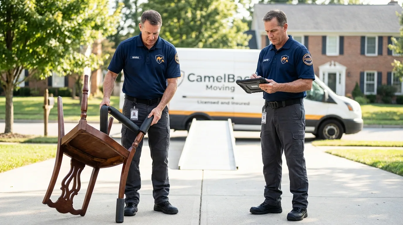 Movers inspecting furniture for damage prevention before loading in Goshen, IN