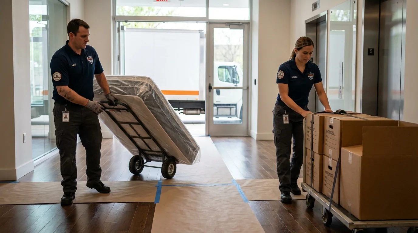 Professional apartment movers loading elevator in Goshen, IN